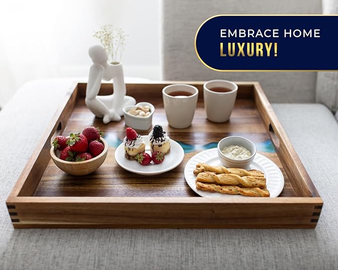 Extra Large (22") Square Premium Blue River Resin Acacia Wood Ottoman Tray with Handles - Serve Food in Style for Dinner, Breakfast, Snacks, BBQ, Entertaining Guests & More