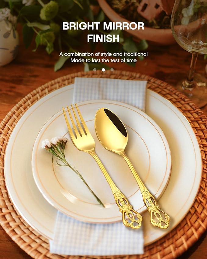 Stapava 60 Pcs Retro Royal Gold Silverware Set, Stainless Steel Gold Utensils Cutlery Set for 12, Gorgeous Flatware Set Include Forks Spoons and Knives set, Dishwasher Safe, Mirror Polished