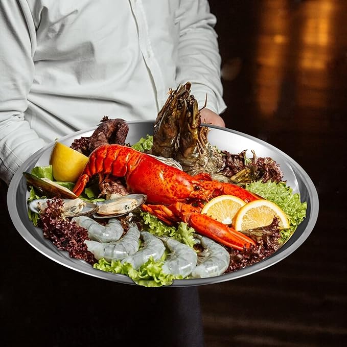 2-Piece Aluminum Seafood Platter - 16" Round Tray with 14" Oyster Section, Silver(Not Include Seafood Racks)