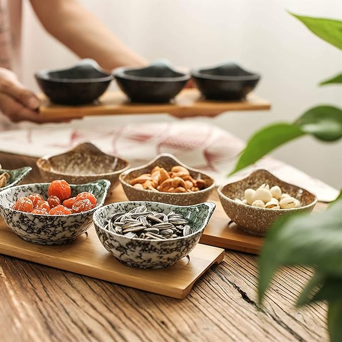 Appetizer Plate Ceramic Soy Sauce Dishes Set of 3 with Tray Japanese Style Soy Vinegar Dipping Plate Seasoning Saucer Condiment Dish Ketchup Dipping Bowls Snack Plate Sau