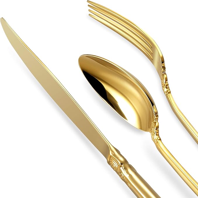 KEAWELL Luxury 65-Piece Flatware Set, 18/10 Stainless Steel Tableware, Service for 12, Antique Baroque Gold-Plated Silverware Set (Gold)