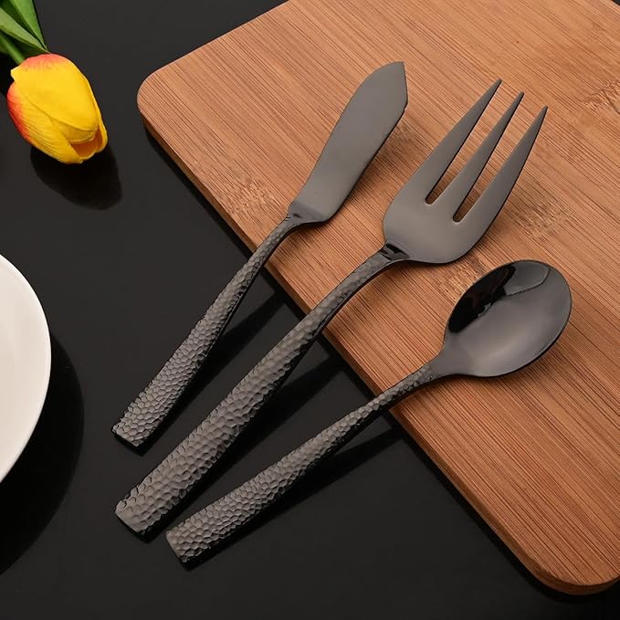 JASHII 5-Piece Black Hammered Flatware Hostess Set Stainless Steel Serving Fork Slotted Serving Spoon Butter Knife Teaspoon Set for Buffet Party Mirror Polished Dishwasher Safe