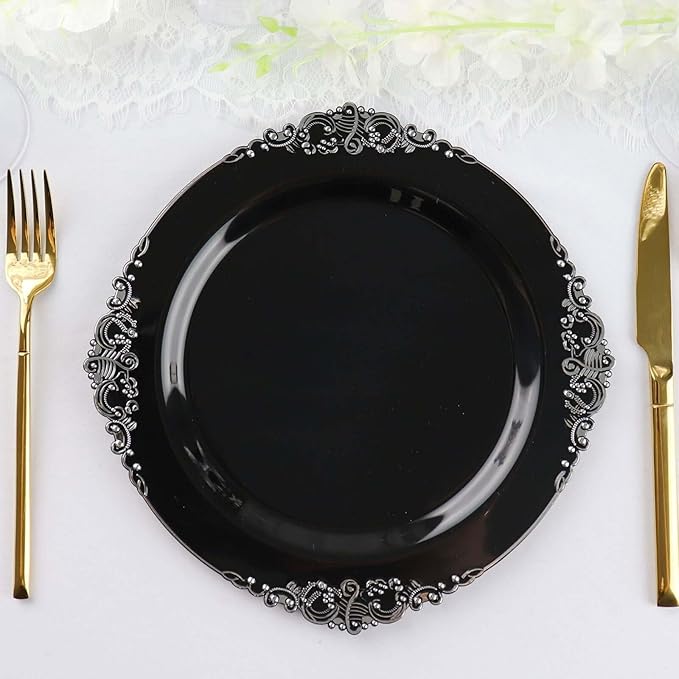 10" Dinner Plates -Set of 30 - Plastic Black Silver Round Baroque Disposable Chargers Leaf Embossed Rim, Ideal for Dinner Party Wedding Bulk Events