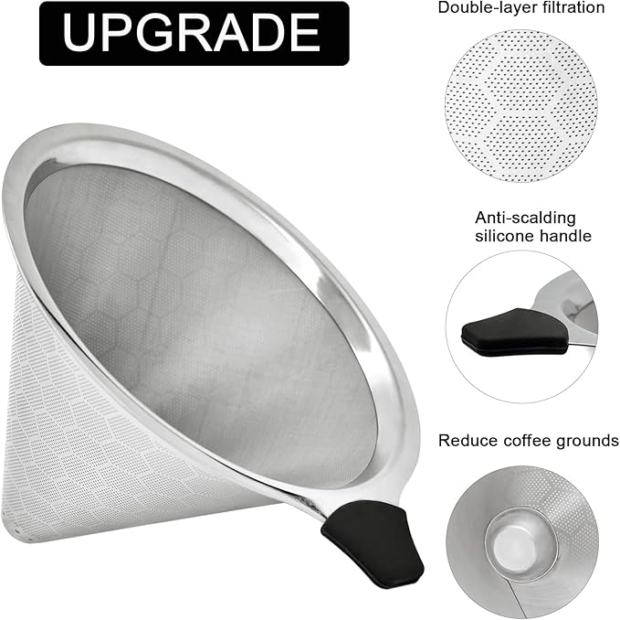 Pour Over Coffee Filter Compatible with Chemex 6/8/10 Cups & Hario V60 02 03, Reusable Stainless Steel Metal Cone Slow Drip Coffee Filter, Coffees Pour Over Dripper Filters