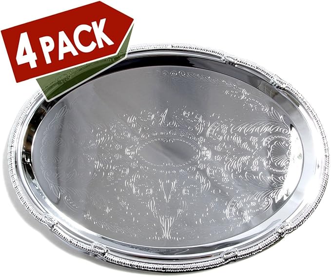 (Pack of 4) 17.7-Inch x 12.9-Inch Oval Shape Chrome Plated Serving Tray Plate Food Art Decor Floral Pattern Engraved Holiday Party Buffet Wedding Birthday (X-Large) T125XL-4PK