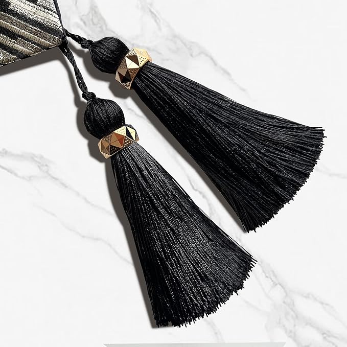 Black Table Runner 72 Inches Long Handmade Embroidery Modern Abstract Striped Pattern with Ring Stylish Tassels for Home Living Room Bedroom Dinner Room Kitchen Art Decor Thanksgiving