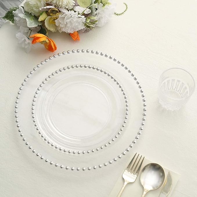 8" Salad Plates - Set of 30 - Plastic Clear/Silver Round Disposable Dessert Appetizer Plate Beaded Rim, Ideal for Dinner Party Wedding Bulk Events