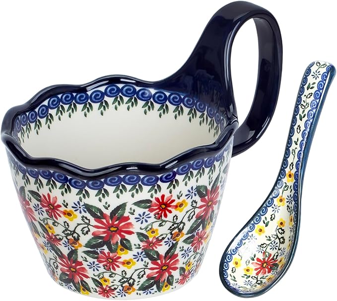 OZY Handpainted Soup Bowl with Handle,Ceramic Cereal Bowl Great for Soup, Ice cream, Fruits,Snack,Microwave &Dishwasher Safe (Daisy,Spoon)