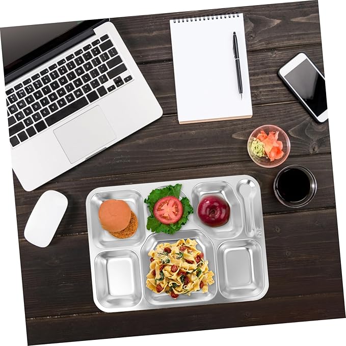 Healifty Stainless Steel Divided Food Serving Tray Sections Compartment Plate for Dining Camping and Picnics Safe and Easy to Clean Eating Plate