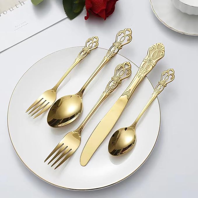 Gold Silverware Set for 2, MIKIWAY 10 Pieces Stainless Steel Flatware Set, Cutlery Tableware Set, Kitchen Utensils Set Include Spoons And Forks Set, Mirror Polished, Dishwasher Safe