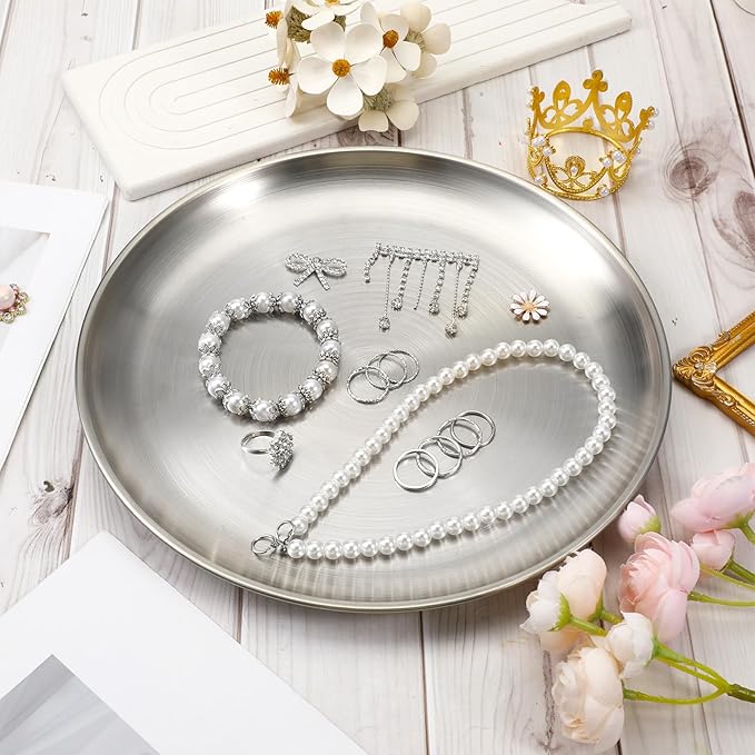 Silver Metal Serving Tray 10" Round Tray Stainless Steel Kitchen Dish Plates Rust-Proof Camping Serving Platter Metal Display Trays for Coffee Table Bar Party Club Home Ottoman, 10.3 inch/26.2 cm
