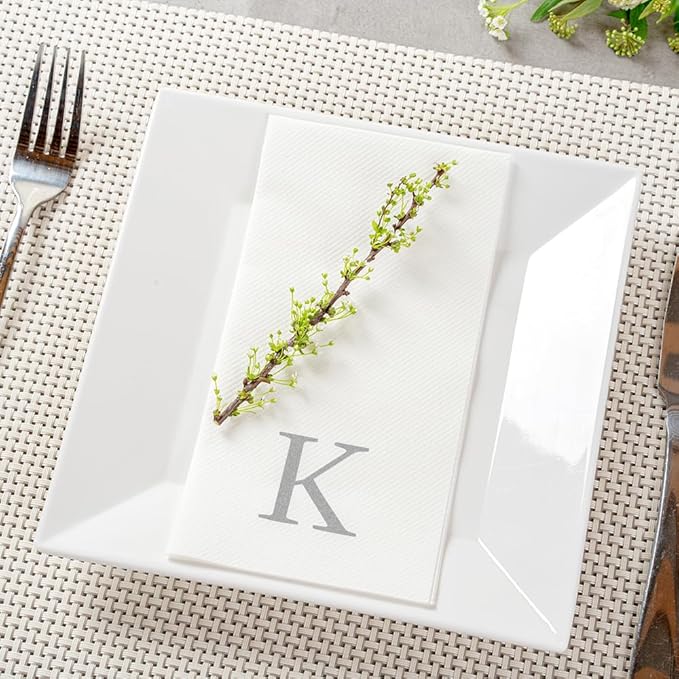 Luxenap 15.8 X 7.9 Inch Linen-Feel Guest Towels, 2000 Lettered Hand Towels - Silver Letter 'K', Sans Serif Font, White Paper Dinner Napkins, airlaid, For Restrooms And Tables - Restaurantware