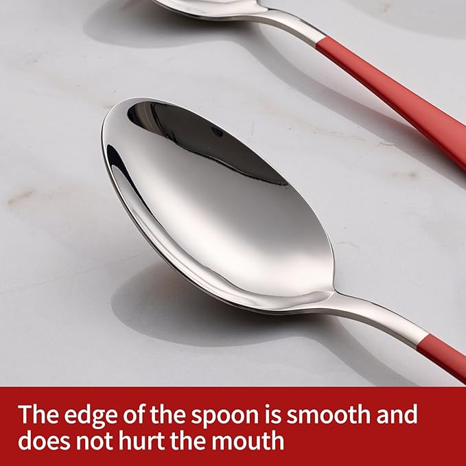 Red Dinne spoons Set 12 Piece,Red Handle Silverware 18/0 Stainless Steel Flatware Bulk,7.3-inch Dessert Spoons Sets Table Set of 12,Mirror Finished Dishwasher Safe