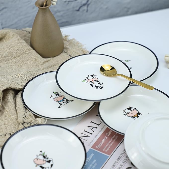 Funny Cartoon Cow Bird Pattern Ceramic Sauce Dishes, Seasoning Dishes, Sushi Soy Dipping Bowls, Appetizer Plates, Dessert Plates, Little Cat Bird Feeding Bowls, Set of 6-Colorful-5 Inch