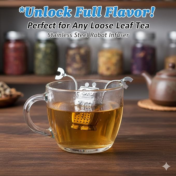 Robot Tea Infuser for Loose Leaf Tea, Cute Stainless Steel Tea Strainer & Steeper, Fine Mesh Tea Ball Filter with Arms to Hang on Mug, Fun Novelty Kitchen Gadget & Gift for Tea Lovers (Robot)