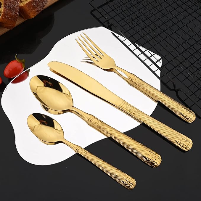 JASHII 304 Stainless Steel Hammered Silverware Set with Wheat Spike Pattern, Modern Eating Tableware Flatware Set, Service for 6. Flat Handle, Dishwasher Safe - Shiny Gold