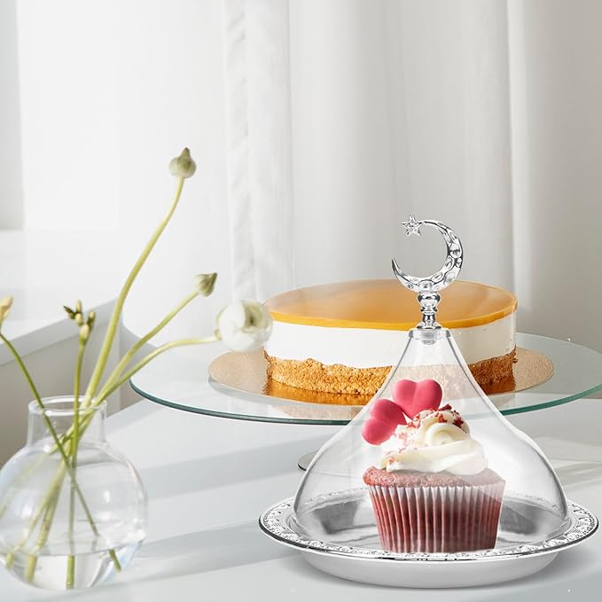 Zerodeko Eid Mubarak Cake Stand with Dome Lid Ramadan Cake Plate with Acrylic Cover Metal Muslim Dessert Holder Serving Tray for Eid Mubarak Party, 17x17cm, Silver, E191567BN3