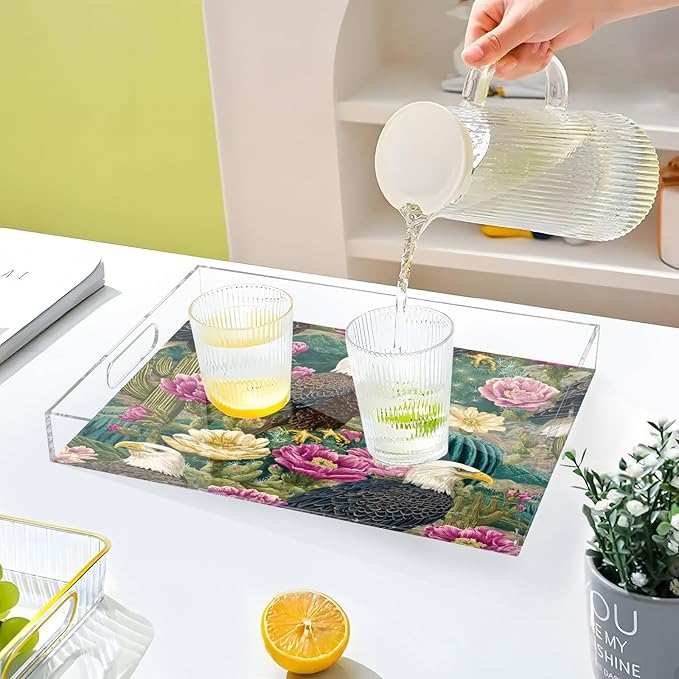 Serving Tray with Handles Clear Acrylic Tray 12x16 Inch Decorative Rectangular Tray Organizer for Ottoman Coffee Table Bathroom Green Bald Tagles and Cactus Flowers02
