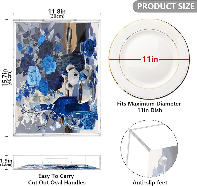Serving Tray with Handles Clear Acrylic Tray 12x16 Inch Decorative Rectangular Tray Organizer for Ottoman Coffee Table Bathroom Koala Rose Coffee Blue