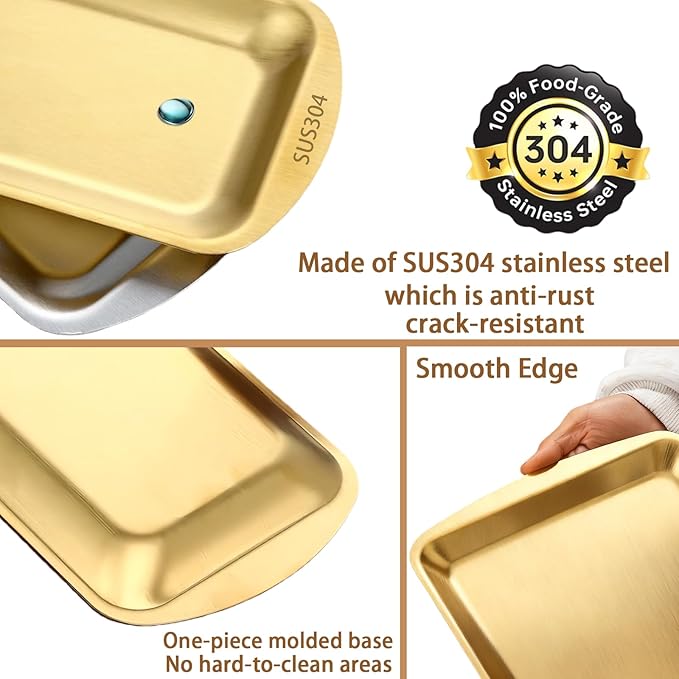 Gold Serving Platters for Coffee Table, 304 Stainless Steel Rectangle Plates, Sizzle Tray for Camping,BBQ,Party,Buffet,Appetizer,Bathroom Supplies, 9.2x8.3Inch