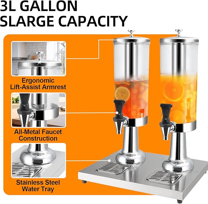 1 Gallon Commercial Beverage Dispenser with Centre Ice Core and Stand Drip Trays Stainless Steel Cold Drink Dispenser for Parties Pub Cafeteria Restaurant Home Hotel (silver, double head)