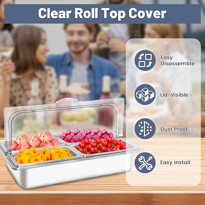 Countertop Ice Food Serving Display Tray with 4 Pan, Salad Bar Buffet Station for Home, Cold Food Buffet Server, Pizza Topping Station, Cold Buffet Table Serving Station for Party