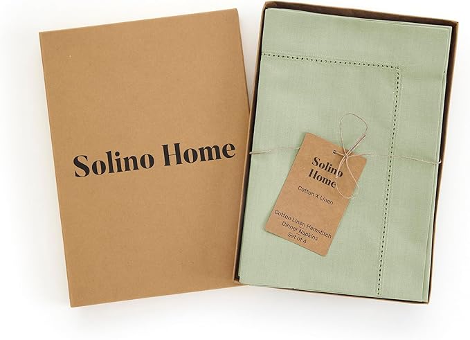 Solino Home Sage Napkins Set of 4 - Cotton Linen Hemstitch Dinner Napkins Cloth 20 x 20 Inch for Spring, Easter, St Patricks Day - Handcrafted and Machine Washable