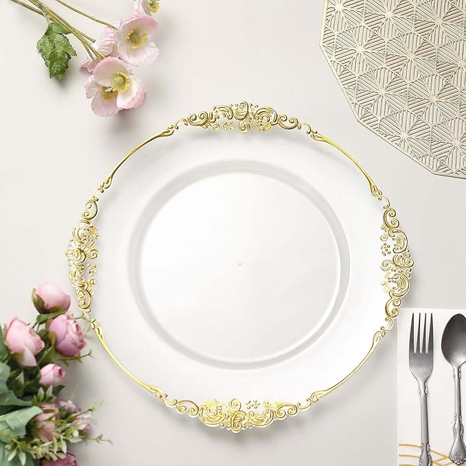 13" Charger Plates -Set of 12 - Acrylic Clear Gold Round Baroque Disposable Chargers Leaf Embossed Rim, Ideal for Dinner Party Wedding Bulk Events