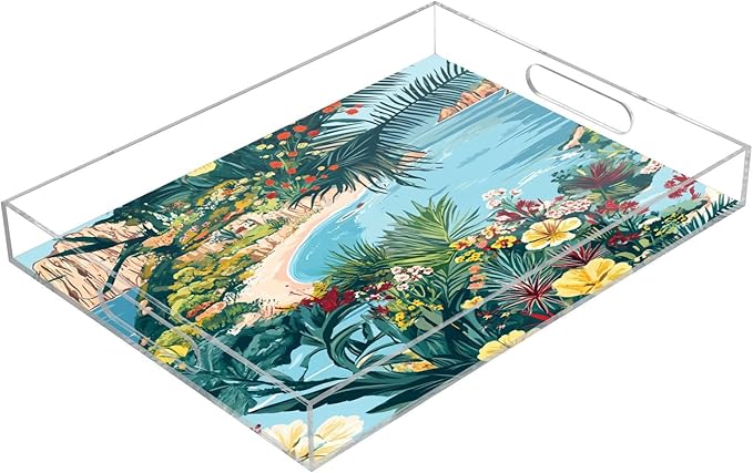 Serving Tray with Handles Clear Acrylic Tray 12x16 Inch Decorative Rectangular Tray Organizer for Ottoman Coffee Table Bathroom Coastline Hibiscus