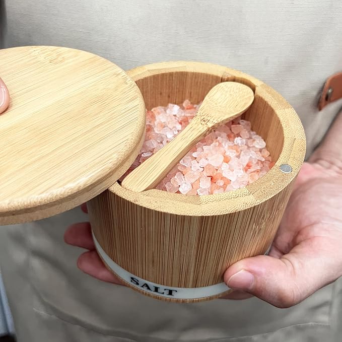 Salt Box 2Pcs Spice Cellar with Swivel Lid and Spoons Small Bamboo Pepper and Salt Containers with Salt Pepper Labels,Dual 8 oz Capacity Holder for Seasoning and Small Items