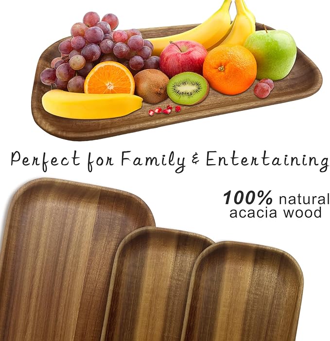 Acacia Wooden Plates Set of 3, 8/8/10 Inch Rectangular Serving Platters for Charcuterie, Appetizers, Acacia Wood Plates, Stackable Dinnerware Trays for Kitchen, Party & Entertaining (Rectangular Tray)