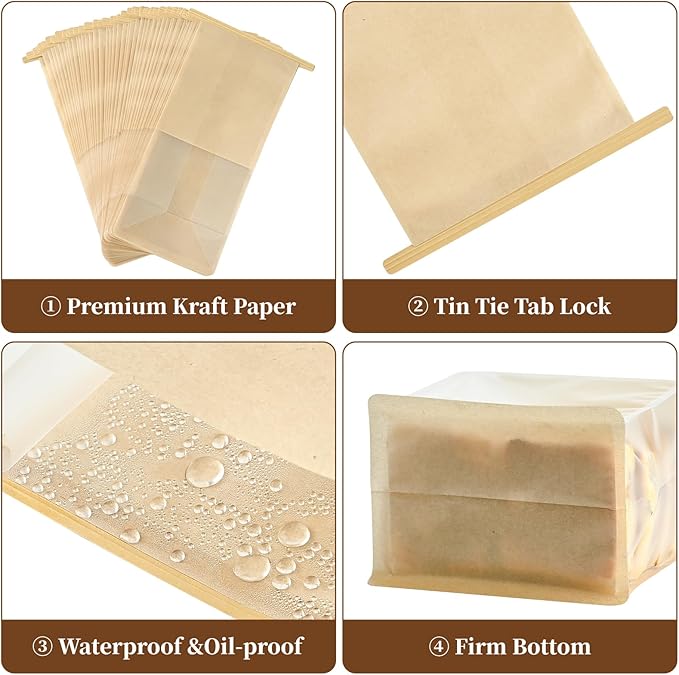 100 PCS Bread Bags for Homemade Breads, 11 x 5.1 x 3.9 Inches Brown Kraft Paper Bakery Bags with Tin Tie Tab Lock Sourdough Bread Bags with Window Baked Foods Packaging