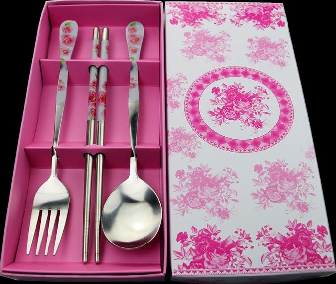 Stainless Steel Teaspoons Dinner Spoon Fork Chopsticks 3pcs Flatware Serving Sets，