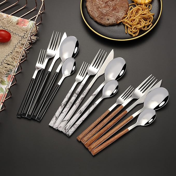 Stainless Steel Dinner Cutlery Set Elegant Flatware Serving Utensils 5 Pieces for Family Gatherings Wedding Picnics, Solid Stainless Steel (Wood Grain Handle)