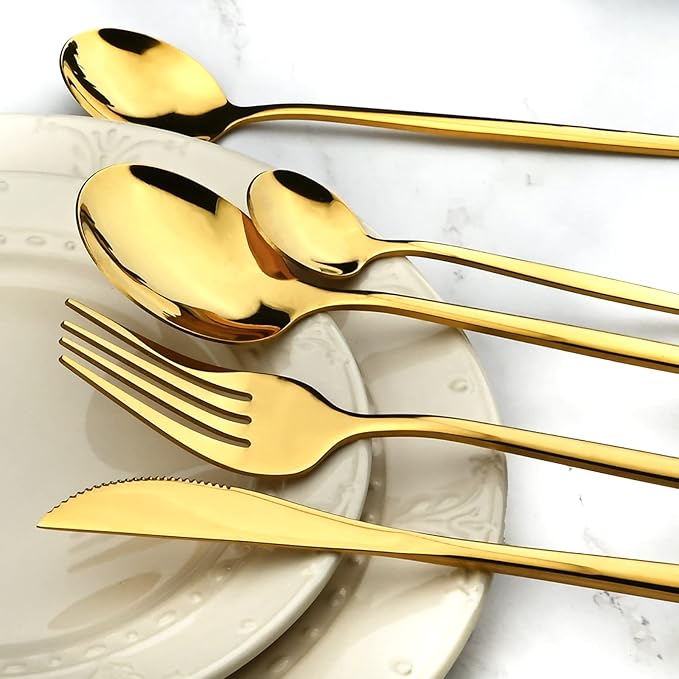 24Pcs Gold Mirror Silverware Flatware Set, 18/0 Stainless Steel Cutlery Set Utensils Kitchen Dinnerware Include Knife Fork Spoon and Teaspoon, Service for 4