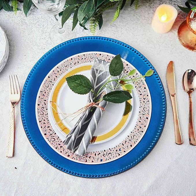 13" Charger Plates -Set of 12 - Acrylic Royal Blue Round Beaded Disposable Chargers, Ideal for Dinner Party Wedding Bulk Events Tabletop Decoration