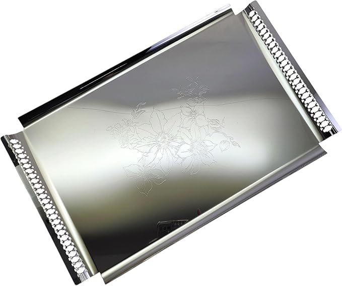 (Pack of 2 18.9 inch x 11.9 inch Rectangular Chrome Plated Silver Serving Tray with Handles Stylish Floral Engraved Party Wedding Dessert Buffet Decor Platter Plate NC-113
