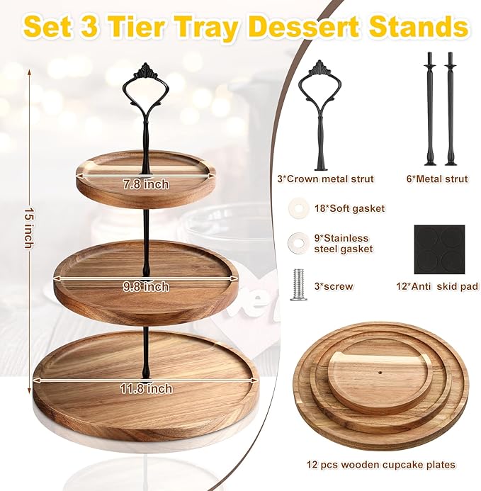 Zopeal 3 Set 3 Tier Wood Cupcake Stand,Rustic Wooden Serving Tray Farmhouse Dessert Display Tiered Cake Tower Holder for Kitchen Wedding Birthday Tea Party Decorations(Large(7.9''9.8''11.8''))