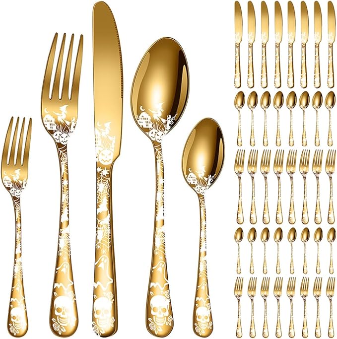 XIAOYU 40-Piece Halloween Themed Skeleton Silverware Set, Metal Flatware Set Serving for 8, Gothic Unique Skeleton Pattern Design, Durable Cutlery Set for Halloween Easter Christmas, Gold