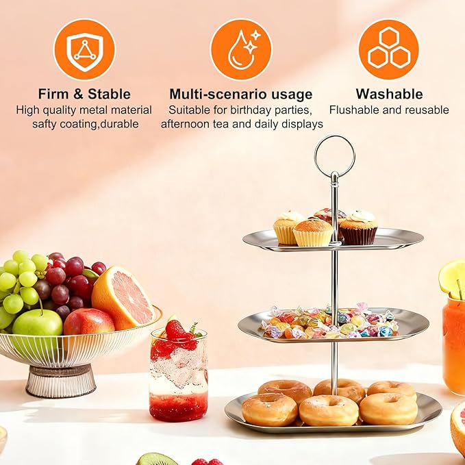 2PCS 3 Tiers Stainless Steel Cupcake Stand 3 Tiers Fruit Tray Dessert Plate Dessert Stand for Party Cupcake Display Tower for Birthday Wedding Afternoon Tea (Silver)