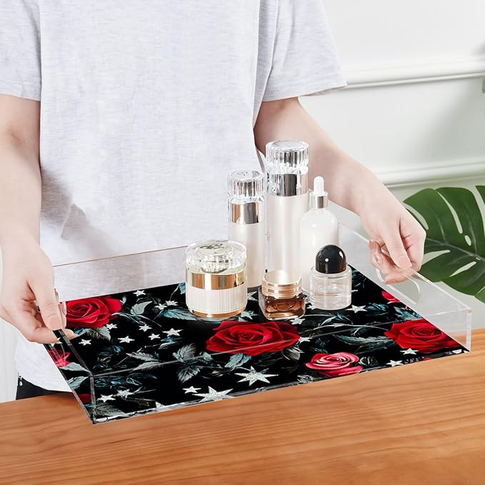Clear Serving Tray with Handles Silver Stars Red Roses Acrylic Tray for Bed 12 x 16 Spill-Proof decoración