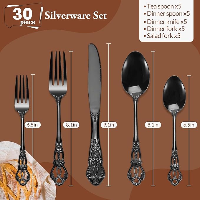 Black Silverware Set, 30 Pieces Retro Royal Silverware Set for 6, Gothic Decor Stainless Steel Flatware Set Including Fork Spoon and Knife, Dishwasher Safe, Black