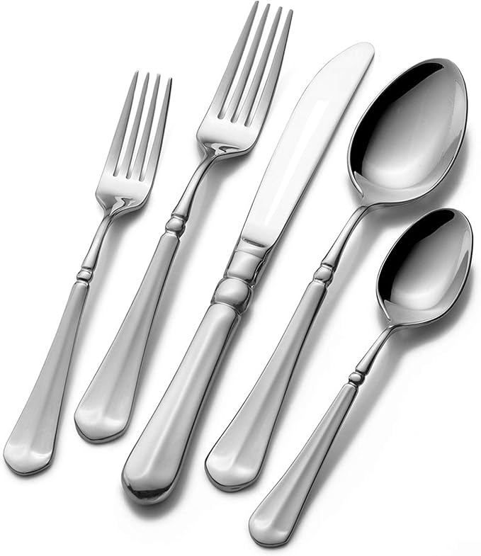 Mikasa French Countryside 65-Piece 18/10 Stainless Steel Flatware Serving Utensil Set, Service for 12 and Mikasa French Countryside Stackable Bowls, Set of 5, White