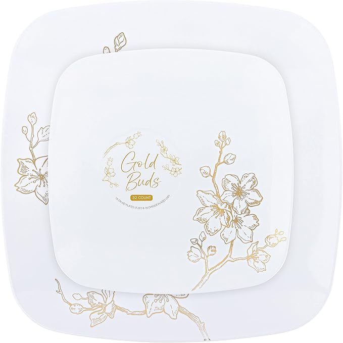 PLASTICPRO Square 128 Piece Combo Plates Set includes 64 x 7'' inch Salad Plates & 64 x 10'' inch Dinner Plate White Plastic Gold Buds Design Party Elegant, Tableware, Dishes,
