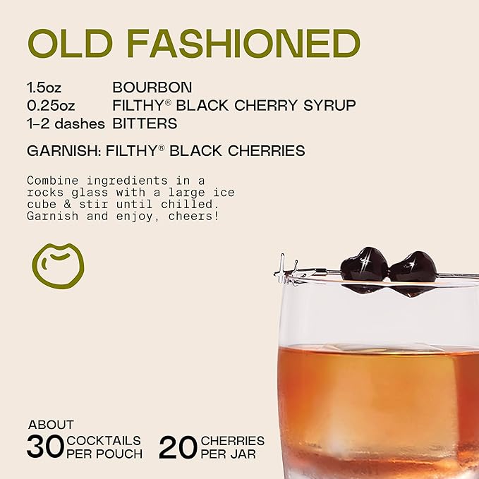 Filthy Black Cherry Whiskey Cocktail Kit, Premium Cocktail Kit for Old Fashioneds and Manhattan Cocktails at Home, Includes Black Cherry Syrup, Black Cherries & 4 Stainless Steel Cocktail Picks