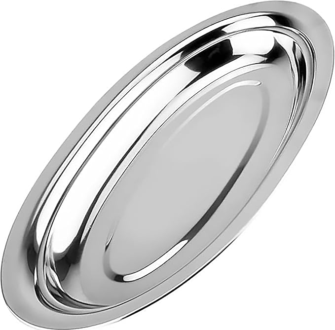 Chandler Stainless Steel Serving Tray - Oval Silver Food Tray - 3 mm Thick, Unbreakable - Anti Rust Serving Platter - Dinner Trays - Dishwasher Safe Kitchen Tray (Silver, 18 Inches)