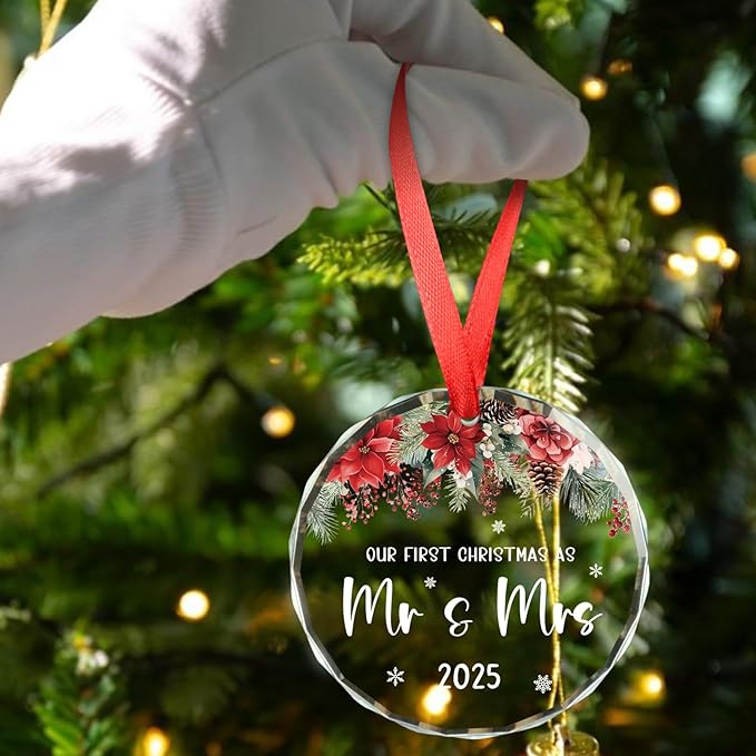 Our First Christmas as Mr and Mrs 2025, Wedding Gifts for Couples 2025, Mr and Mrs Gifts Glass Ornament, Engagement Gift for Newlyweds, Bridal Shower Gift Keepsake, Christmas Ornaments
