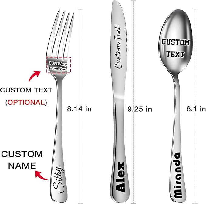 [ 3 Pack ] Custom Flatware Set, Personalized Engraving Name Text Dinner Fork/Knife/Spoon Stainless Steel Reusable Tableware, Customized Birthday Christmas Gift for New Home Party Favors Wedding