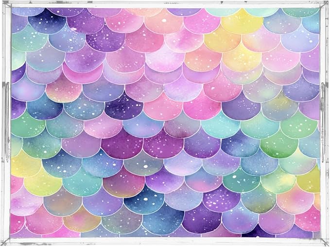 Serving Tray with Handles Clear Acrylic Tray 12x16 Inch Decorative Rectangular Tray Organizer for Ottoman Coffee Table Bathroom Watercolor Mermaid Scales Colors