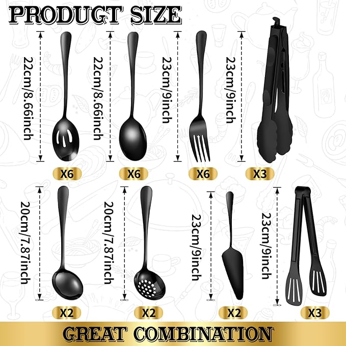30Pcs Serving Utensils Set Serving Spoons, Buffet Tongs, Cake Spatula, Forks, Perforated Ladles, Soup Scoops, Skimmers and Black Heavy-Duty Serving Tongs (Black)